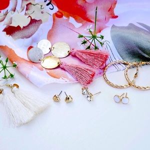 Peachy Pink White Hoops Tassels Studs Set